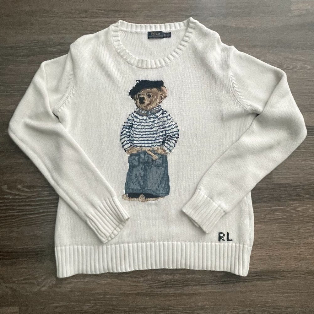 White Polo Ralph Lauren USA Teddy Bear Cotton Sweater